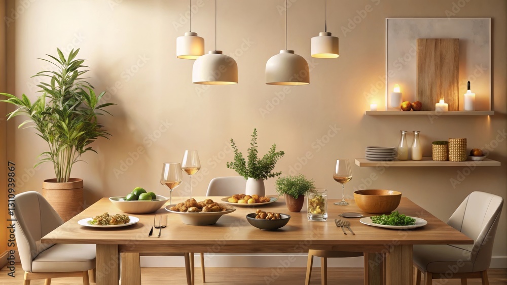 Fototapeta premium Elegant dining room scene with a wooden table, soft lighting, and a minimalist aesthetic