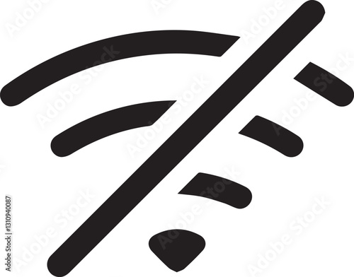 minimalist icon, wifi symbol crossed out, no connection, black and white graphic, simple lines, network unavailable, wireless off,