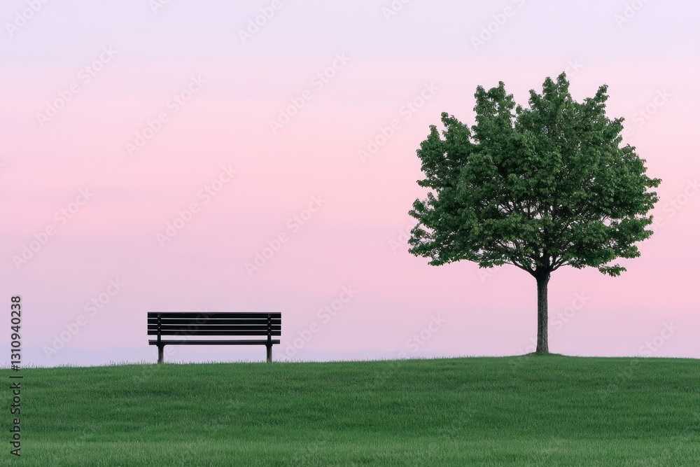 Serene park bench sunset, single tree, peaceful evening, nature relaxation Serene park bench sunset, single tree, peaceful evening, nature relaxation