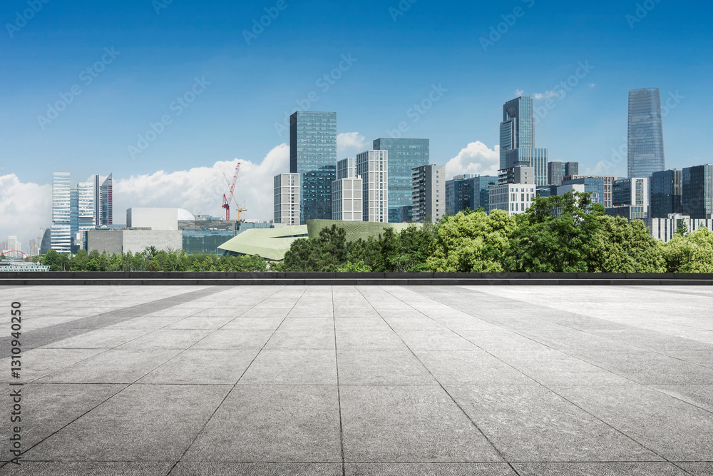 Modern Urban Skyline with Expansive Concrete Platform View