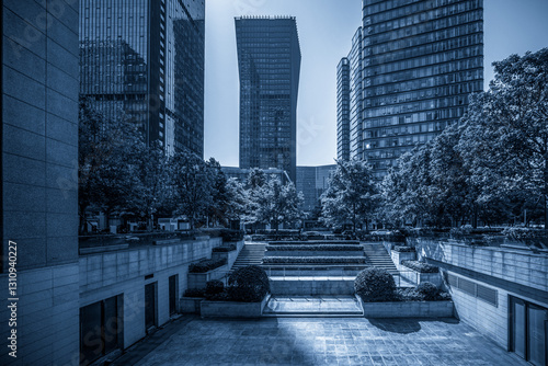 Modern Architectural Landscape with Lush Greenery and Urban Elements