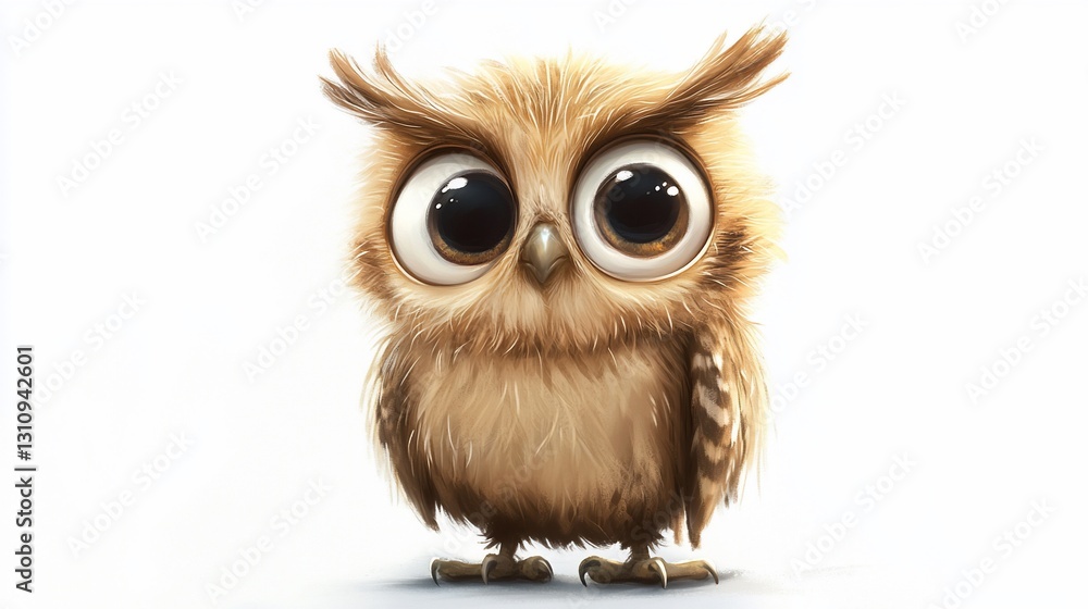 Fototapeta premium Adorable Cartoon Owl with Big Eyes on a Clean White Background