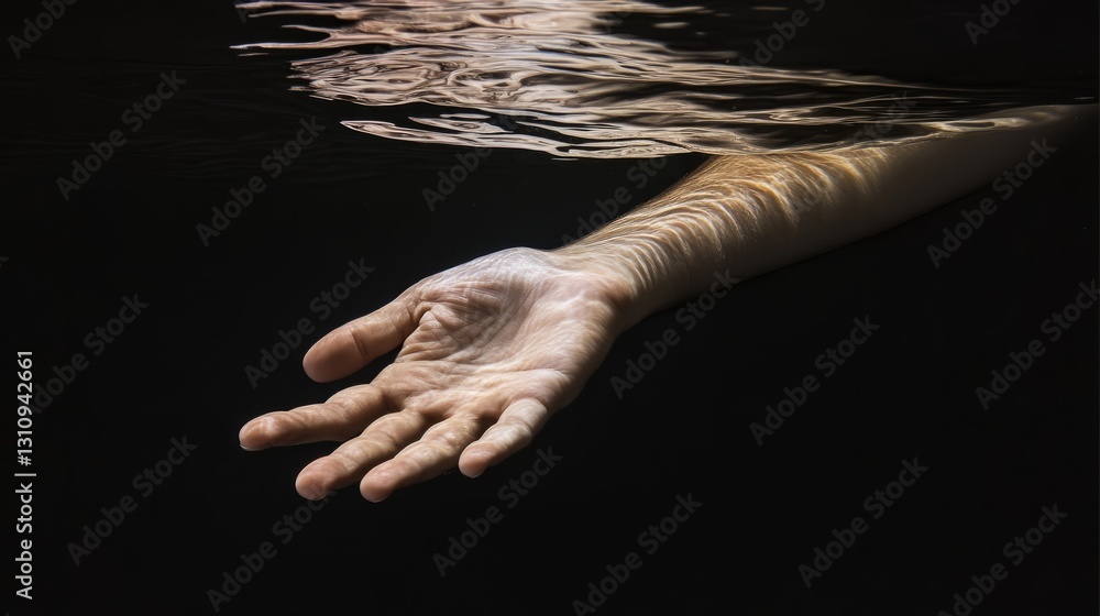 Fototapeta premium In the quiet underwater world, an arm reaches gracefully from the deep bottom to the top, as if this arm is touching the unknown world, or looking for some kind of breakthrough and freedom.