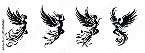 Mythical phoenix woman silhouettes, set of 4 black vector icons, elegant female angel with wings and fire tail, ethereal goddess bird transformation, fantasy creature for logo and tattoo art