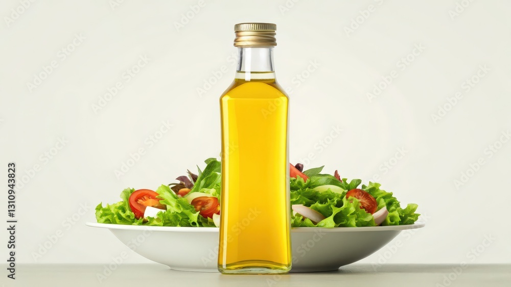 a bottle of olive oil is placed in front of a fresh salad, healthy ingredients, and a bright, inviting atmosphere a bottle of olive oil is placed in front of a fresh salad, healthy ingredients, and a bright, inviting atmosphere