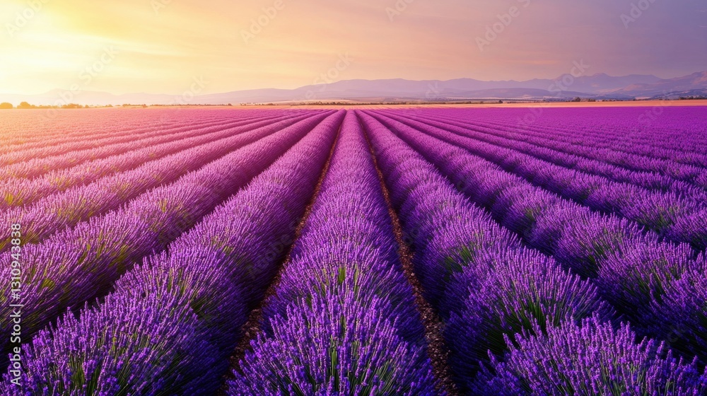 Fototapeta premium A vibrant lavender field stretches under a golden sunset, showcasing rows of purple blooms and a serene landscape.