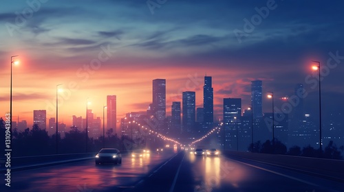 A city skyline at dusk with glowing lights and vehicles on a highway.