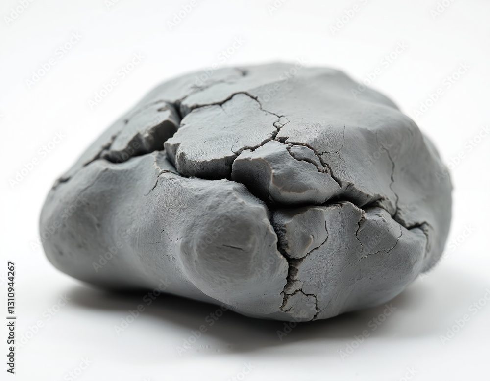 Obraz premium Grey modelling clay lump isolated on white background. Macro photo of cracked gray plasticine material. Imperfect cracked surface texture for sculpting, creative art and crafts, education projects.