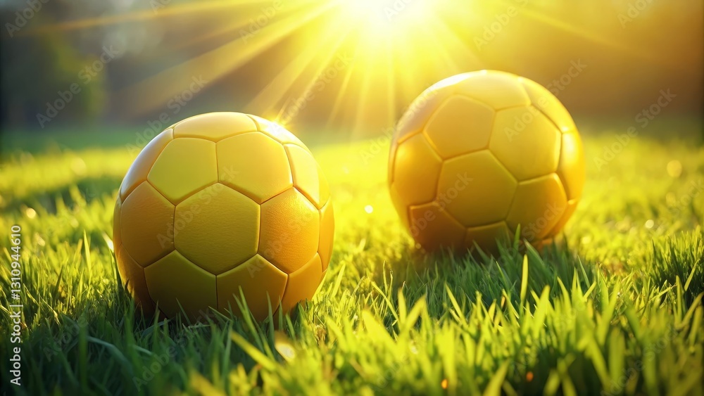 Fototapeta premium Golden hour glow illuminates two vibrant yellow soccer balls nestled in lush green grass, creating a captivating summer sports scene.