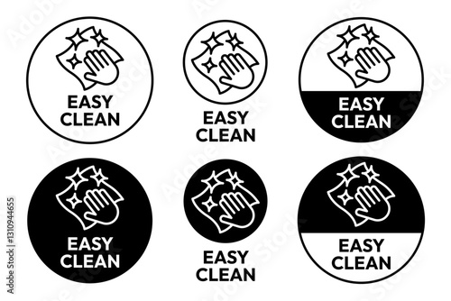 Easy clean icon set. Hand with napkin wiping a surface. Housekeeping symbol. Easy clean logo, label, badge, symbol, banner, circle, black, line, vector, isolated illustration. Cleaner service logo.
