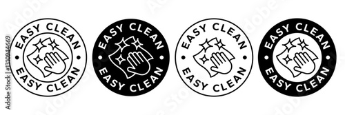 Easy clean icon set. Hand with napkin wiping a surface. Housekeeping symbol. Easy clean logo, label, badge, symbol, banner, circle, black, line, vector, isolated illustration. Cleaner service logo.