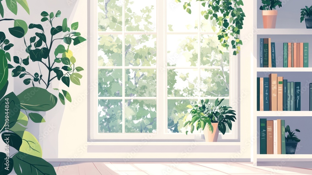 Sunny room, plants, bookshelf, window, nature view, home interior design, calm atmosphere Sunny room, plants, bookshelf, window, nature view, home interior design, calm atmosphere