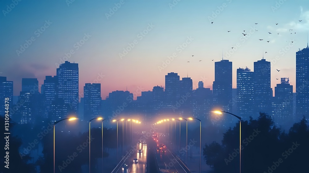Obraz premium A serene cityscape at dusk with glowing streetlights and a misty atmosphere.