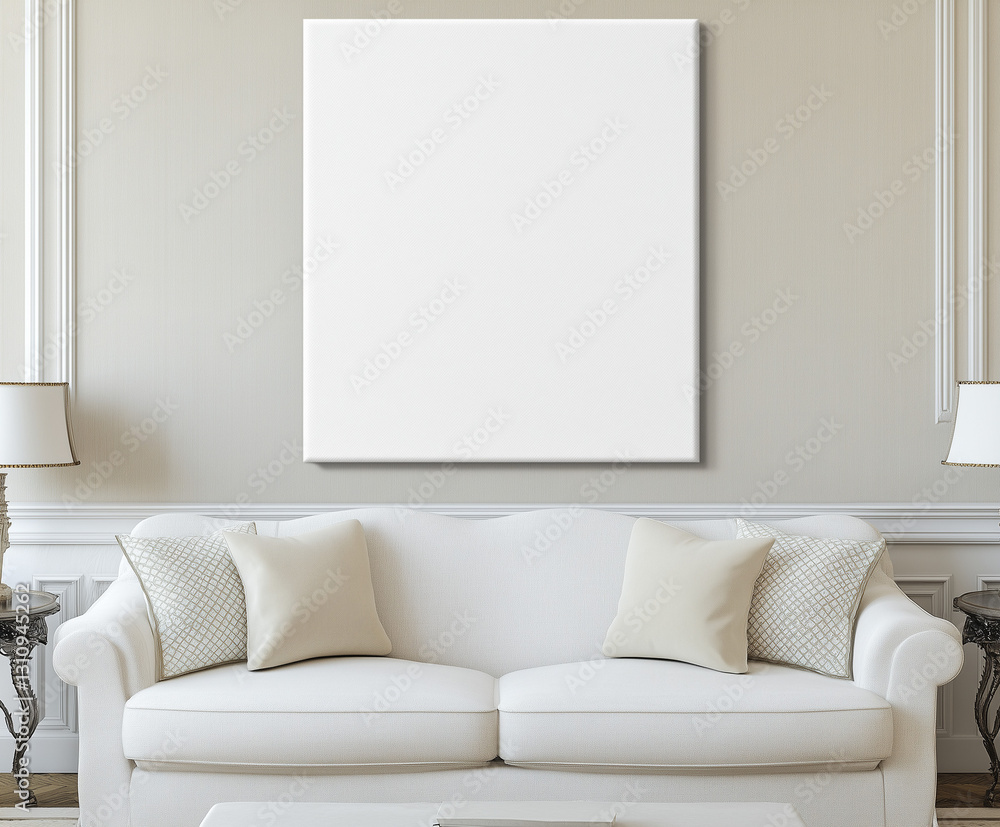 White vertical canvas mockup in an elegant living room with beige walls and a white sofa, showcasing the blank wall for design or artwork White vertical canvas mockup in an elegant living room with beige walls and a white sofa, showcasing the blank wall for design or artwork