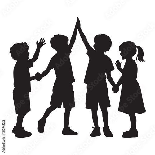 Silhouettes of children holding hands and a boy and a girl holding hands