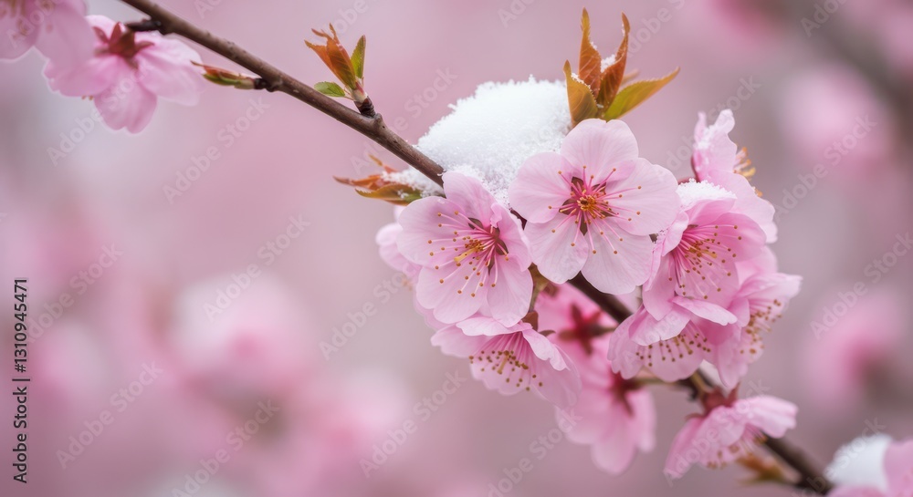 Blooming Cherry Blossom Branch with Fresh Snow in Early Spring Blooming Cherry Blossom Branch with Fresh Snow in Early Spring