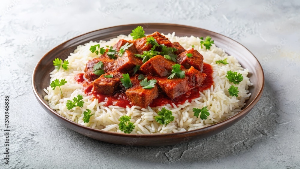 Savory Stew with Rice, Garnished with Fresh Herbs, Served on a Rustic Plate Savory Stew with Rice, Garnished with Fresh Herbs, Served on a Rustic Plate