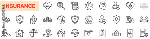Comprehensive Insurance Icons – Health, Life, Property, Financial Protection, Risk Management, Security, Policy Coverage, Legal Safety, Investment Assurance