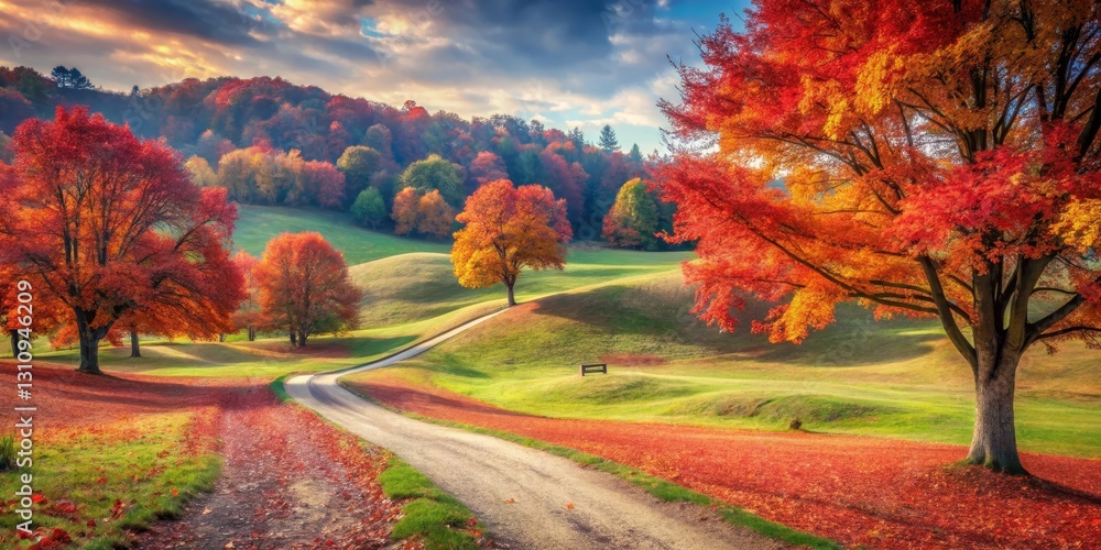 Fototapeta premium Autumnal Pathway Winding Through a Vibrant Landscape of Rolling Hills and Colorful Trees