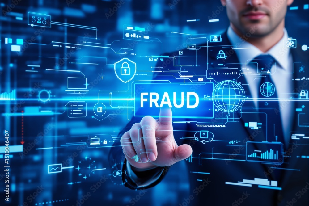 Businessman pointing at fraud concept on digital interface. Businessman pointing at fraud concept on digital interface.