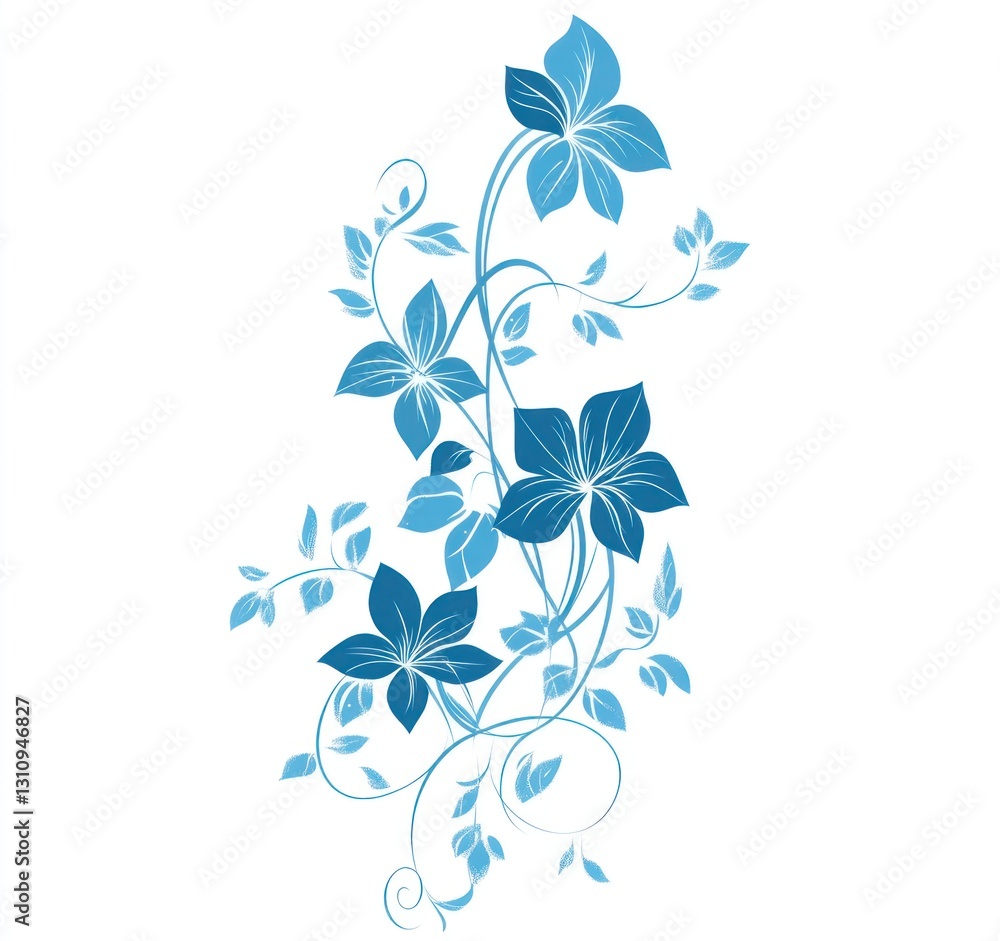 Fototapeta premium Elegant blue floral design with swirling vines and leaves.