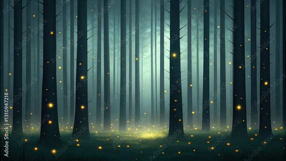 Fototapeta premium a serene, mysterious forest scene, with tall trees and glowing lights creating a magical atmosphere