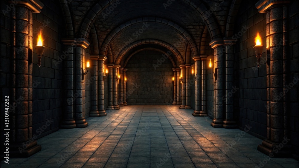 Fototapeta premium an old, mysterious hallway in a castle with arches, pillars, and sconces providing atmospheric lighting. The scene evokes a sense of history and intrigue.