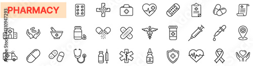 Pharmacy Icons – Medicine, Healthcare, Prescription, Drugs, Pills, Medical Supplies, Hospital, Treatment, Pharmaceutical Industry, Medication Safety