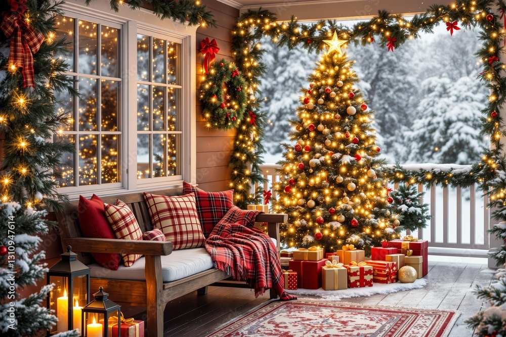Obraz premium Festive Christmas porch with tree, lights, and gifts in snowy setting.