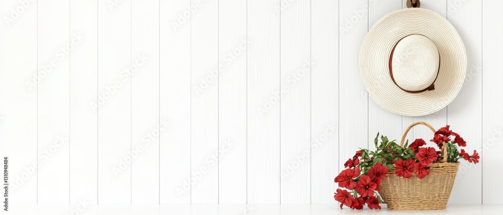Sunhat on a porch hook, with a flower basket below, evoking summer charm in a decorative scene Sunhat on a porch hook, with a flower basket below, evoking summer charm in a decorative scene