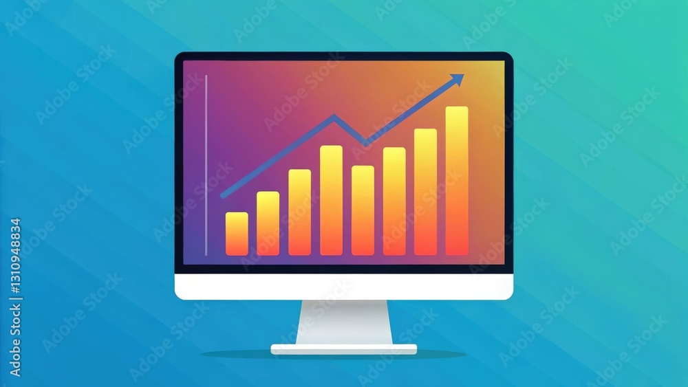 a computer monitor displays a graph with increasing trends and financial data. The image suggests growth and success. a computer monitor displays a graph with increasing trends and financial data. The image suggests growth and success.