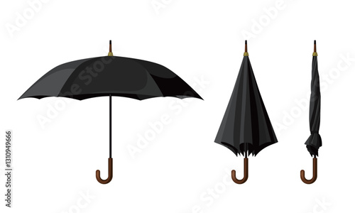 Realistic Black Umbrella Vector Set with Open, Half-Closed, and Fully Closed Versions for Rain Protection