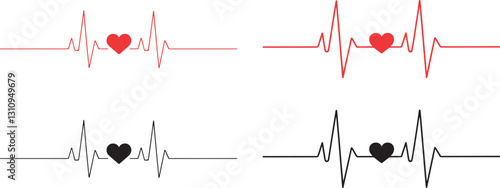 Heartbeat Pulse with Heart Shape Symbol red colour and silhouette vector