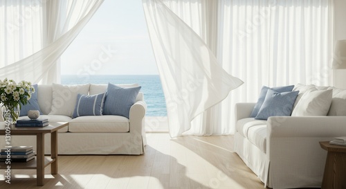 Coastal Living Room with White Sofas and Ocean View Through Curtains