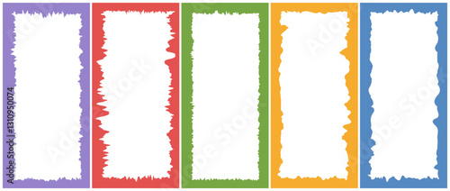 Colorful rectangle form with jagged edges. Ripped and cutout paper torn strip. Set of Vertical Grunge Frames. Vector illustration isolated on white background.