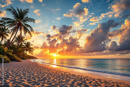 Fototapeta Naklejka Na Ścianę i Meble -  Stunning tropical beach at sunset with golden light and palm trees.