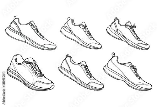 A set of six different colored shoes. The shoes are all different sizes and styles. The shoes are all lined up in a row, with the first shoe on the left and the last shoe on the right