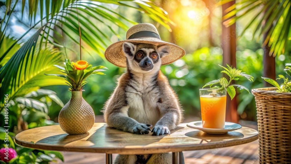 Obraz premium A ring-tailed lemur, elegantly attired in a straw hat, enjoys a refreshing beverage at a quaint outdoor table amidst lush tropical foliage.