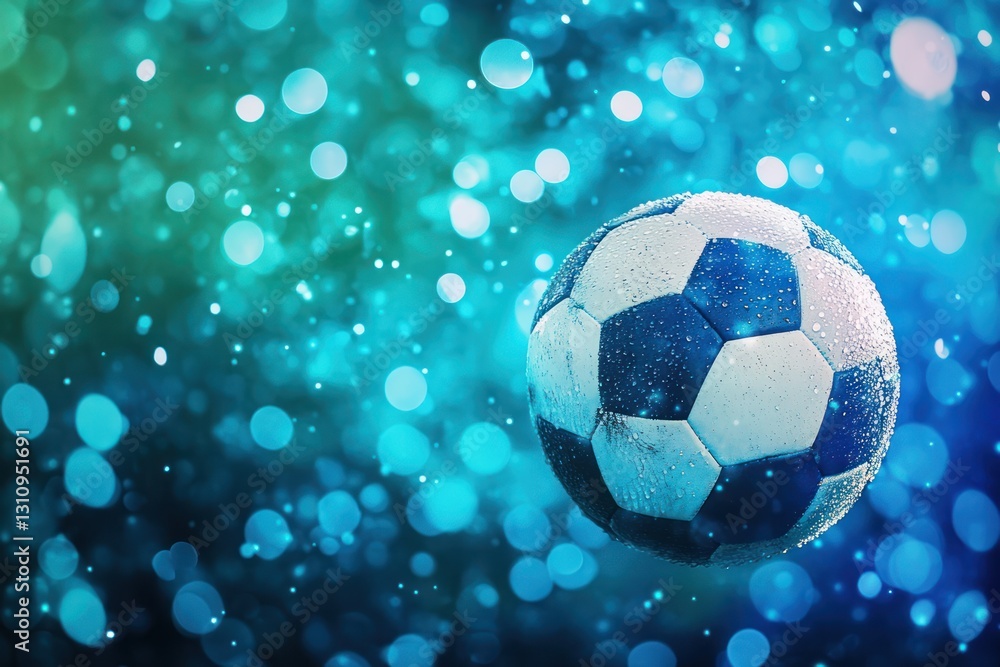 Naklejka premium Wet soccer ball, night game, bokeh background, sports
