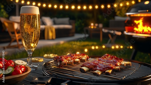 Enjoying grilled barbecue with beer in a cozy outdoor setting, perfect for summer nights and gatherings.