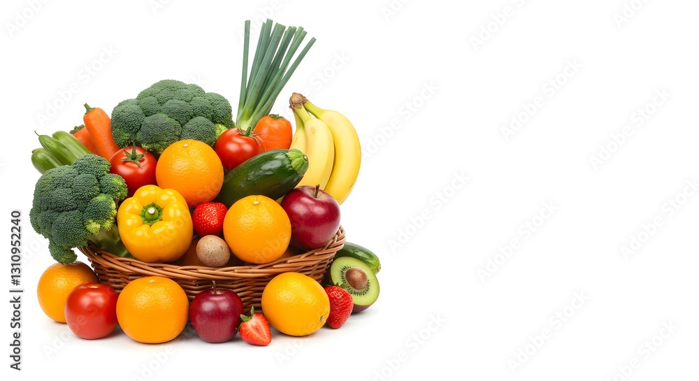 Fresh Produce Basket Overflowing with Colorful Fruits and Vegetables in Abundant Composition on Plain White Background in PNG Style HD Minimal Fresh Produce Basket Overflowing with Colorful Fruits and Vegetables in Abundant Composition on Plain White Background in PNG Style HD Minimal