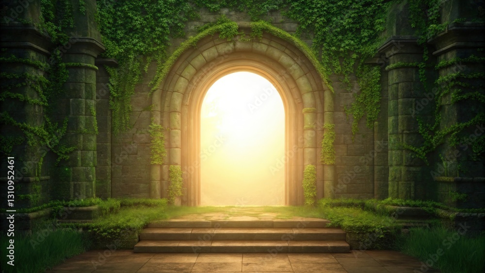Fototapeta premium a stone archway overgrown with vines and ivy, leading to a bright and mysterious path beyond. The light filtering through the archway creates a sense of hope and promise.