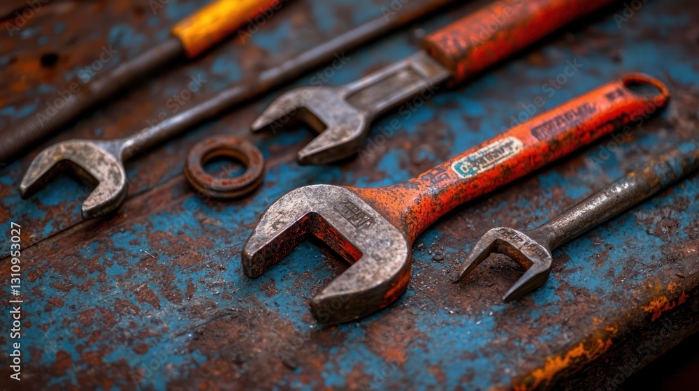 Rusty Wrenches on a Weathered Workbench Rusty Wrenches on a Weathered Workbench
