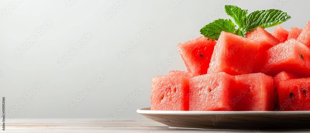 Fresh watermelon cubes served on a plate with a mint garnish, perfect for summer refreshment and healthy snacking. Fresh watermelon cubes served on a plate with a mint garnish, perfect for summer refreshment and healthy snacking.