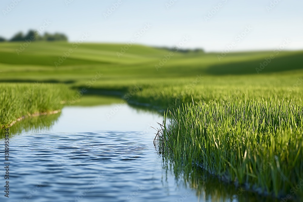 A serene landscape featuring a gently flowing stream bordered by lush green grass under a clear blue sky. A serene landscape featuring a gently flowing stream bordered by lush green grass under a clear blue sky.