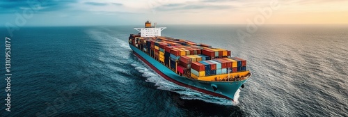 Container ship navigates calm ocean waters during sunset near coastal horizon Generative AI © Anat art