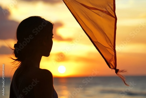 Elegant female face in the sunset dancing with a kite, kite fabric background.