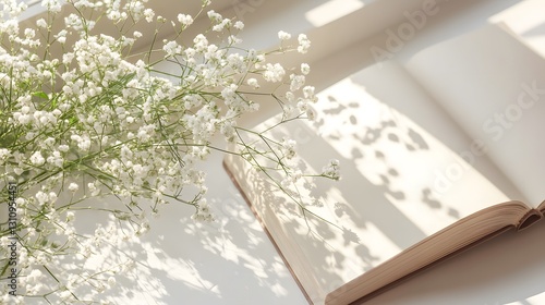 White Flowers Beside an Open Book on a White Surface