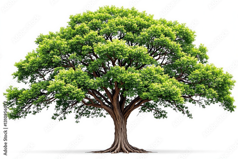 Obraz premium Lush green tree with sprawling branches and detailed trunk on clean white background.
