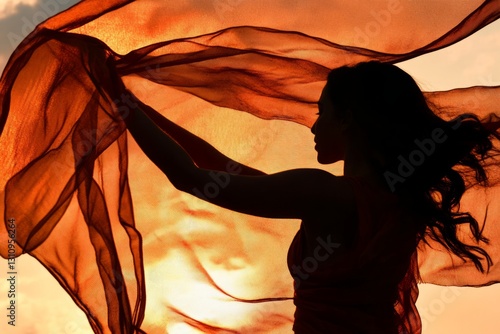 Elegant female face in the sunset dancing with a kite, kite fabric background.